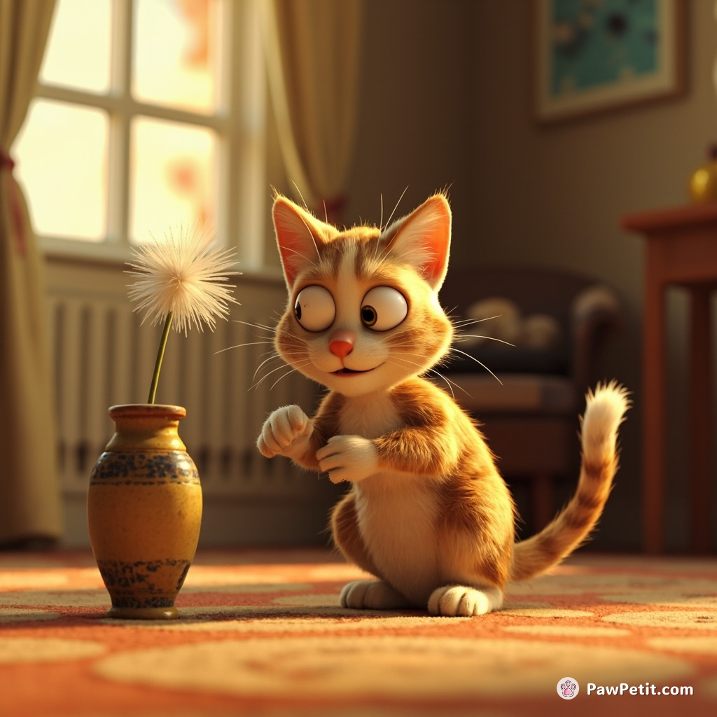 The cat, convinced humans worship it, casually swats a vase for a divine blessing.