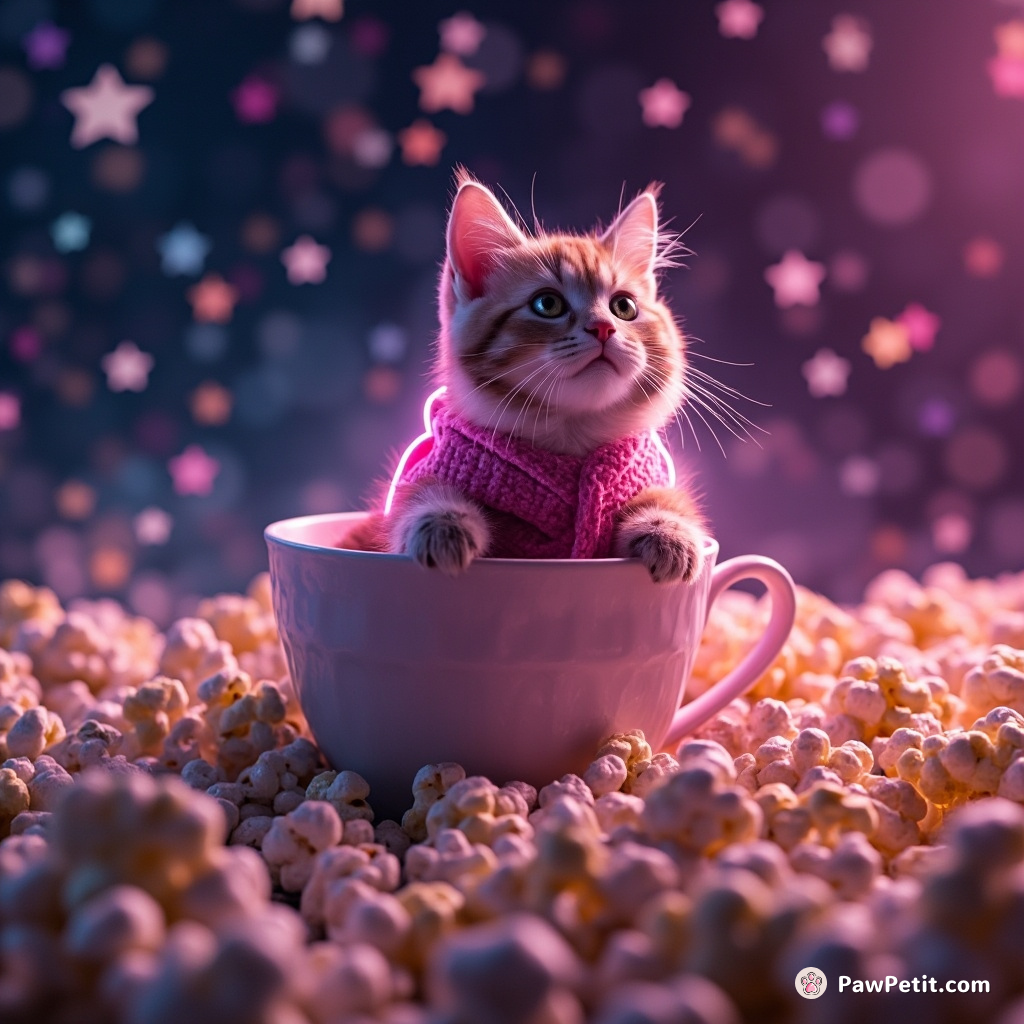 A neon cat sailing in a teacup across an ocean of popcorn under star-shaped confetti rain.