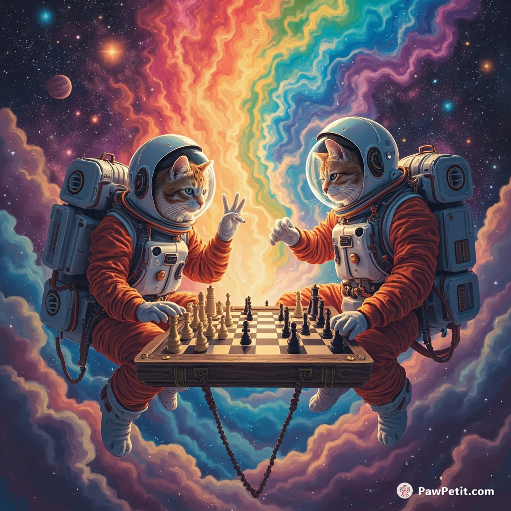 Cats in astronaut suits playing giant intergalactic chess while floating in a rainbow nebula.