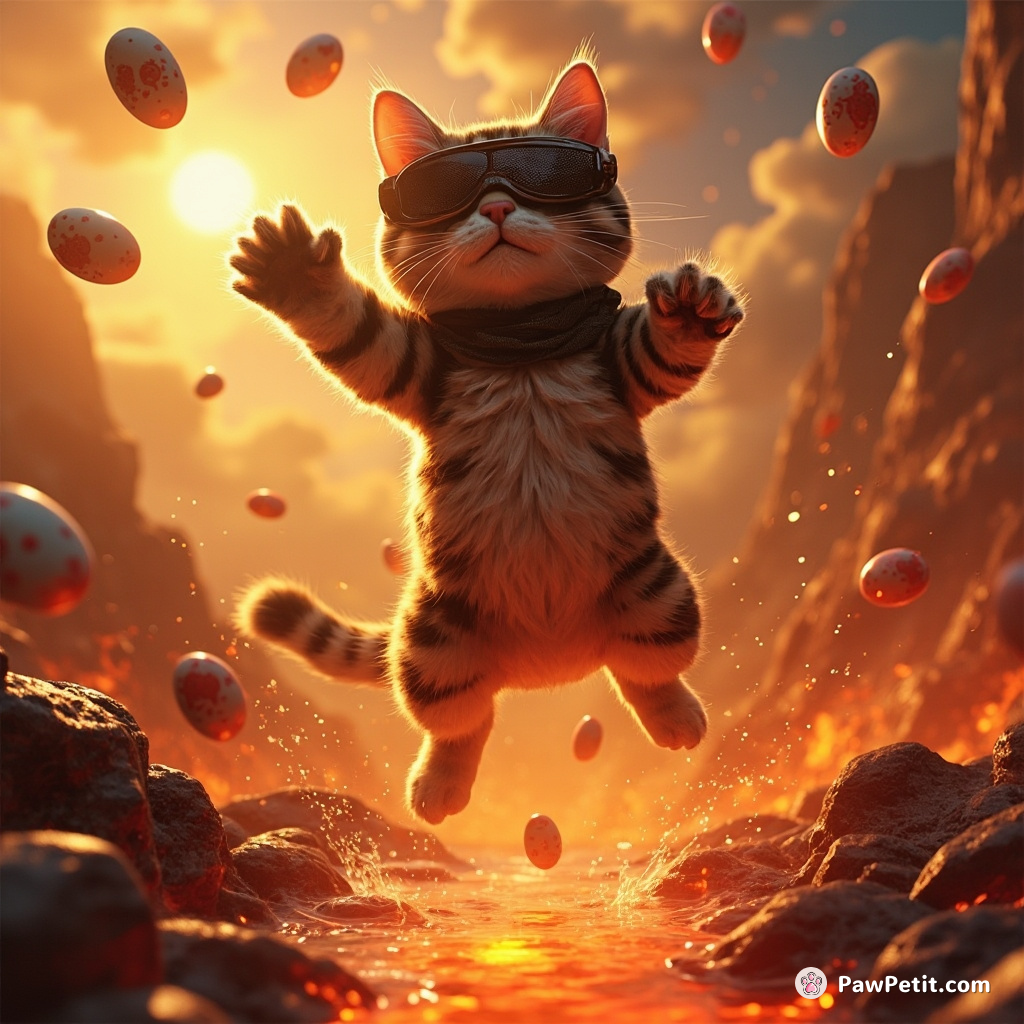 Cat mid-jump over a molten lava river, blindfolded, while juggling alien eggs.