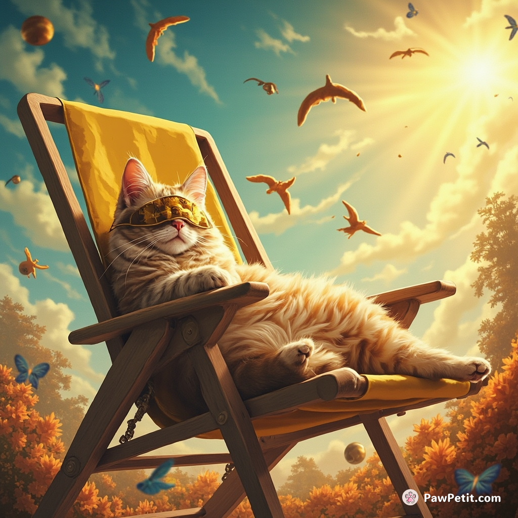 Amid chaos, the cat sprawled onto a sunbathed lawn chair, basking in blissful tanning, paw mask over eyes.