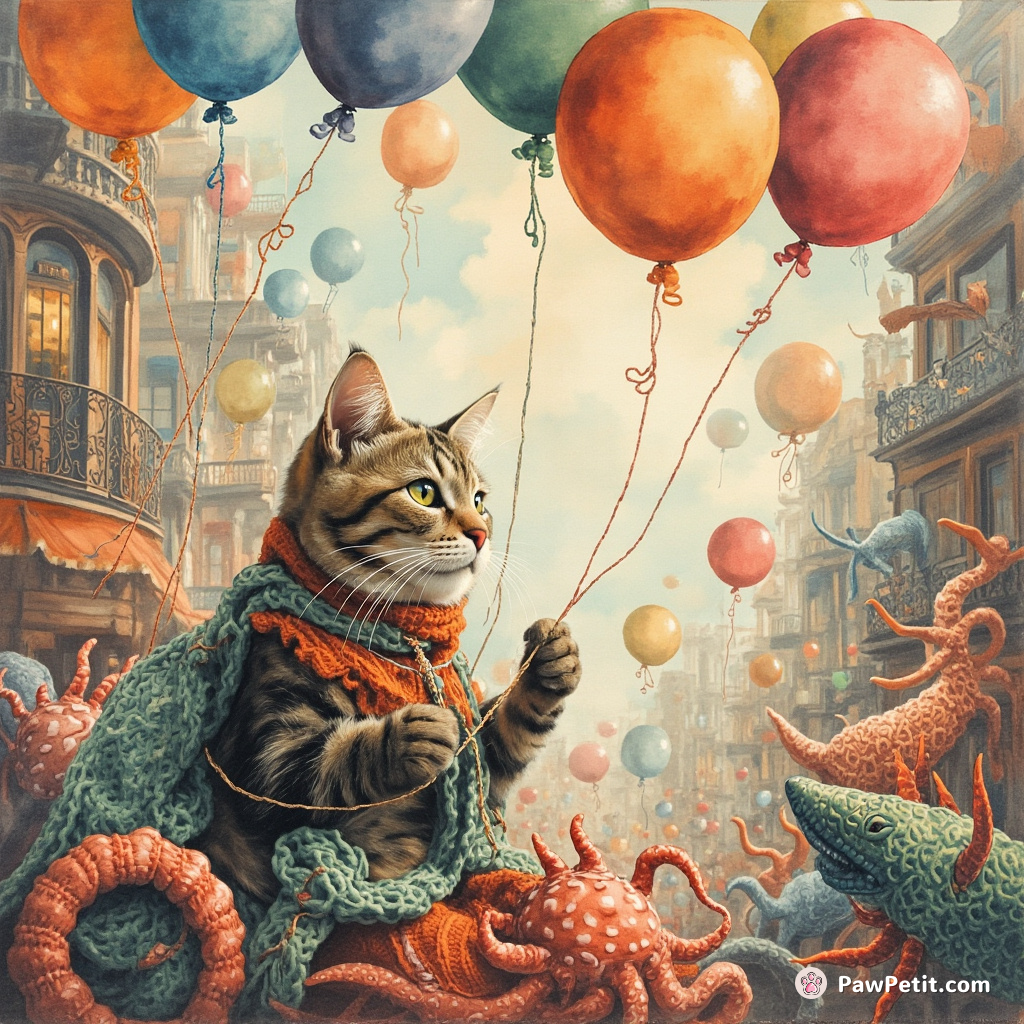 Cat macrame-knitting carnival balloons amidst a jubilant parade of illusory sea creatures in a Victorian cityscape.