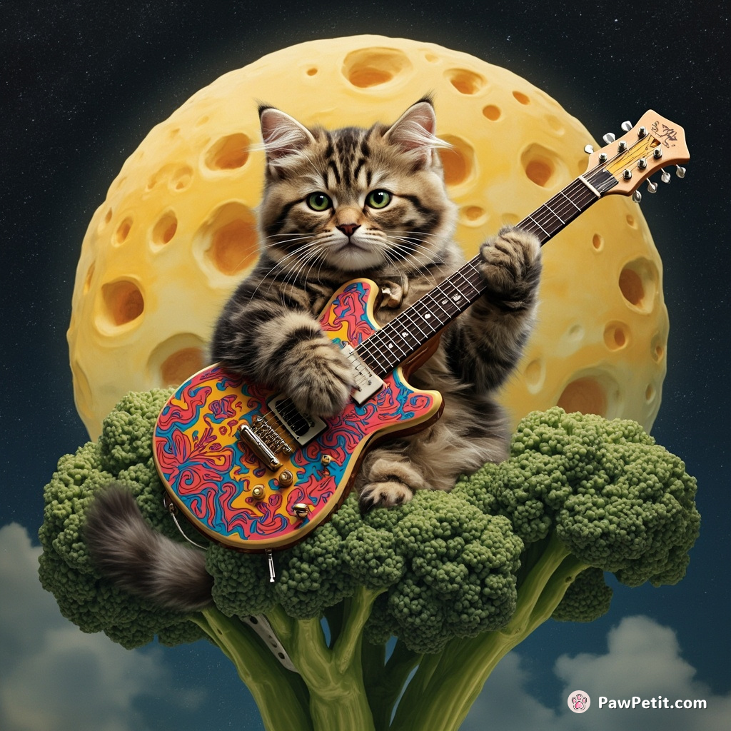 A cat playing a psychedelic guitar on a broccoli-shaped moon with cheese craters.