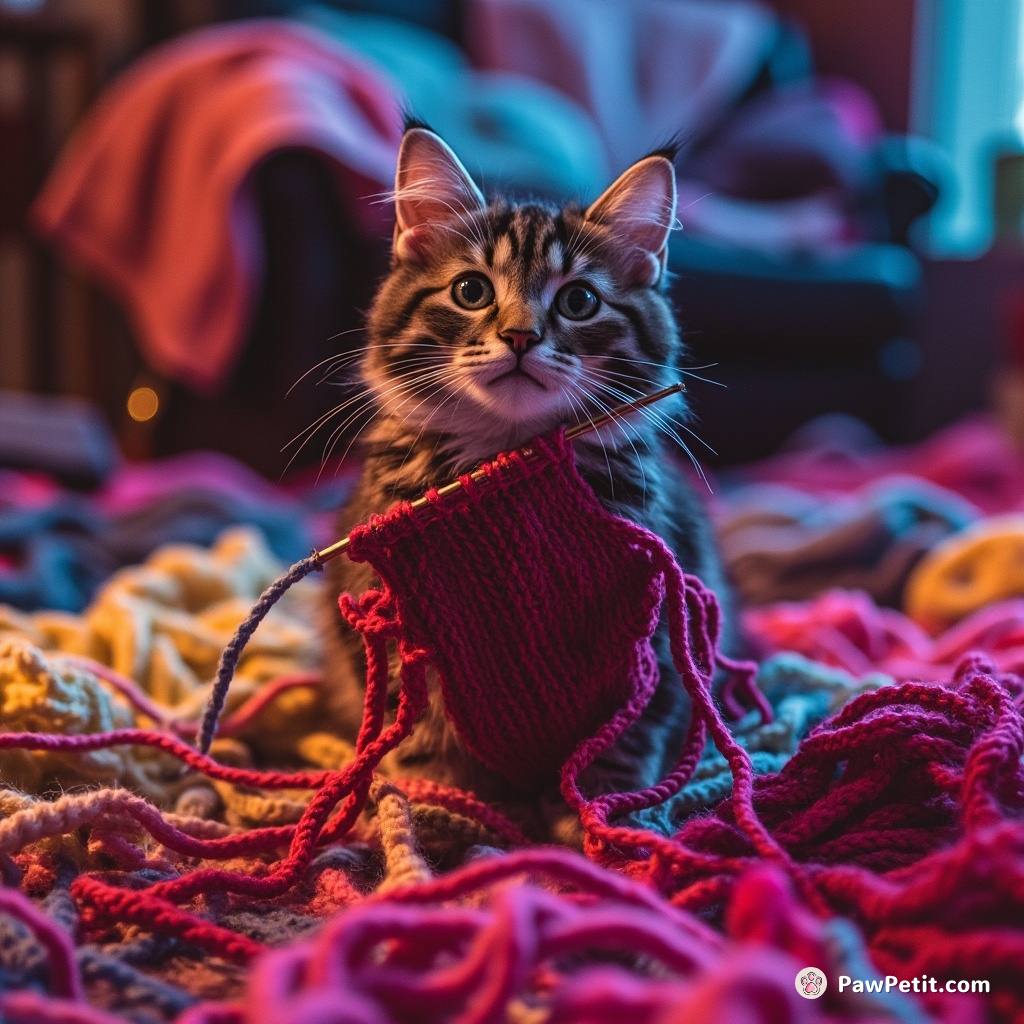 In a knitting frenzy, the cat darted, entangling itself within the kaleidoscope of woolen threads sprawling across the room.