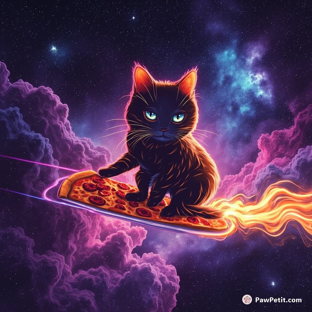 Cat surfing on a pizza slice through a galaxy ablaze with colorful nebulas.