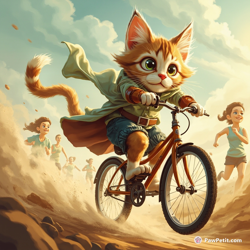 Mischievous whiskers sneakily hijacks a bike; pedaling furiously, tail dancing with excitement whilst leaving astonished joggers eating its dust.