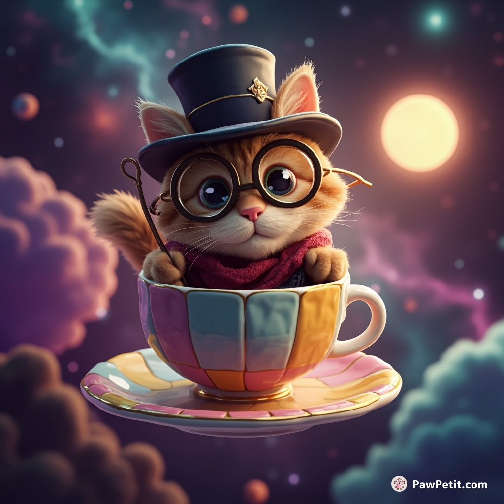 Victorian detective cat solving an intergalactic whisker-related mystery in a floating cosmic teacup sailing across an alien nebula.