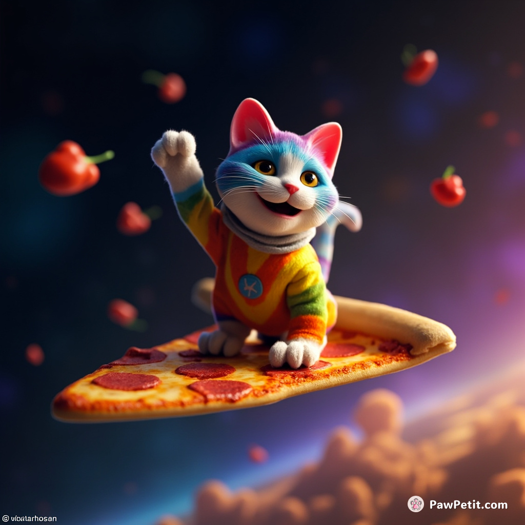 A rainbow cat surfing on a pizza slice in space, dodging chilli pepper asteroids.