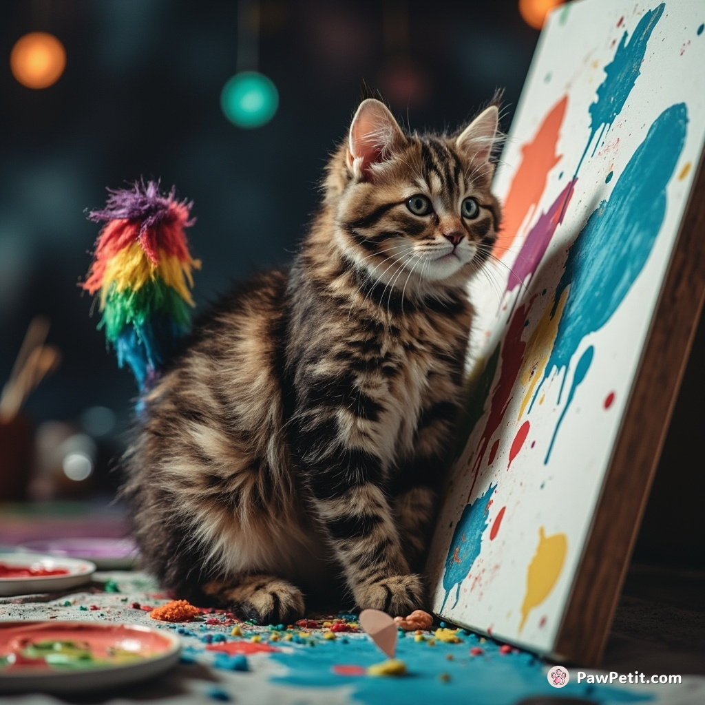 Cat paint-splattering a canvas with its rainbow-colored tail in a spaceship art studio
