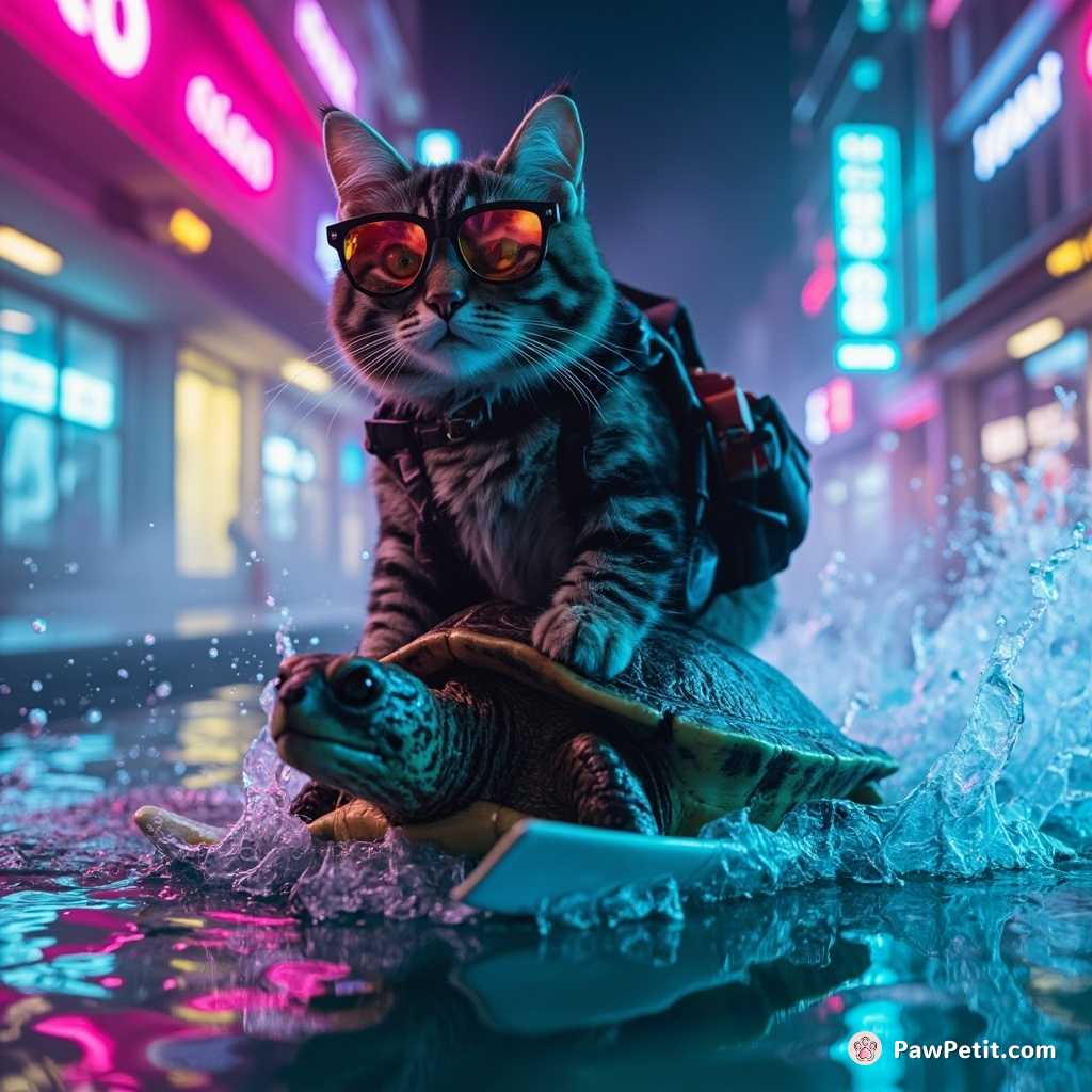 Cat dons tiny sunglasses, attempts to waterski, ends up riding a turtle instead.