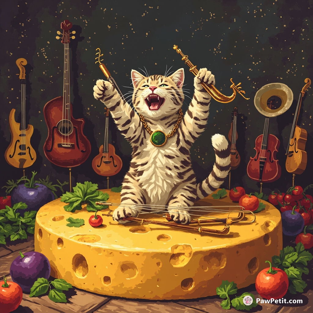 A house cat joyfully conducting an orchestra of vegetable string instruments on a giant cheese wheel stage.