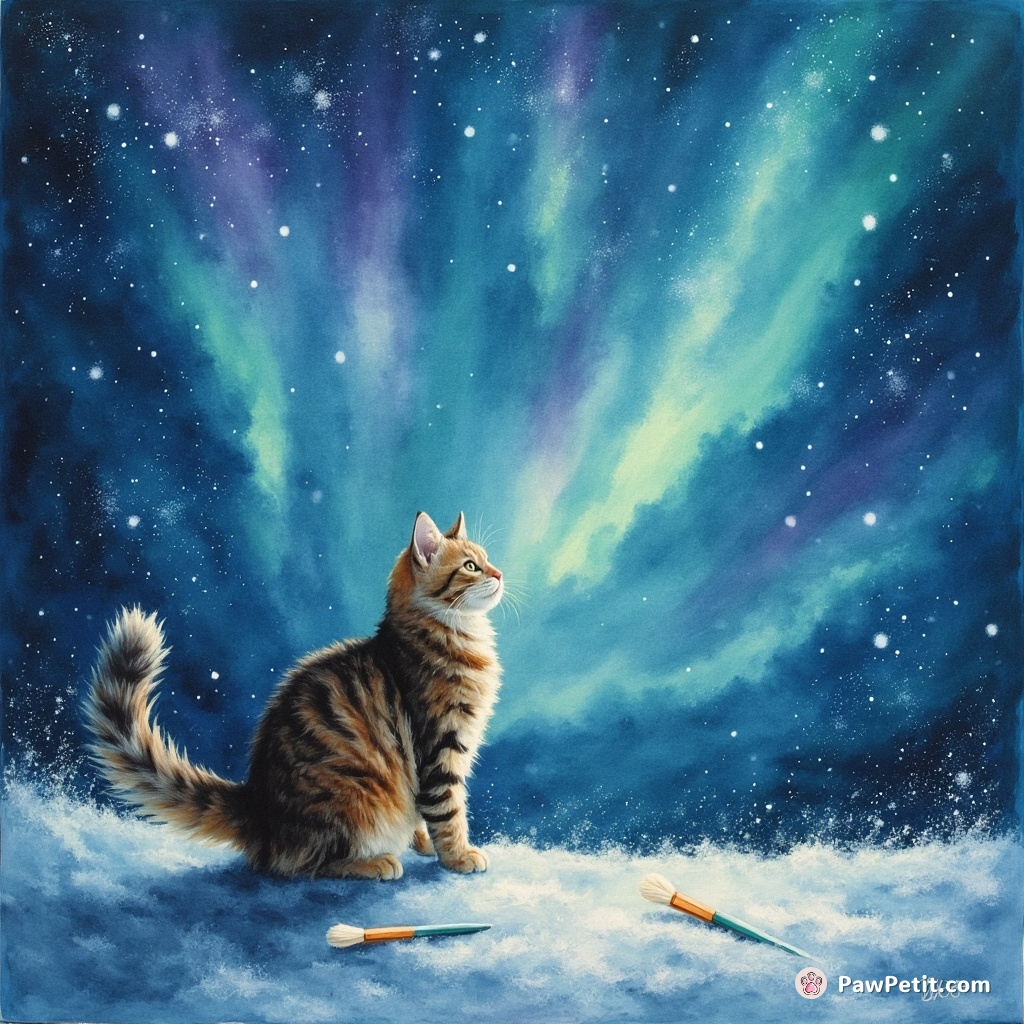 A cat painting the Northern Lights onto a midnight sky using its fluffy tail as a brush.