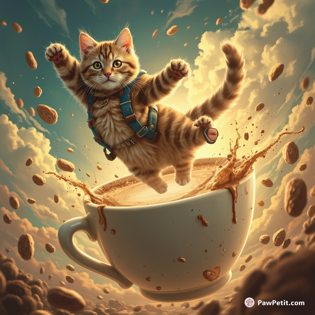Cat skydiving into a giant cup of cappucino
