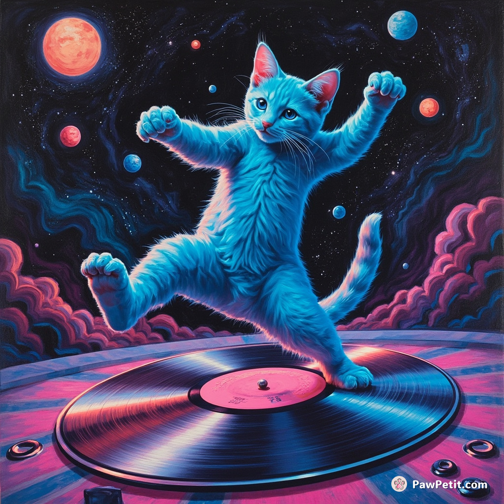 A neon-blue cat breakdancing on a spinning vinyl record in an intergalactic disco.