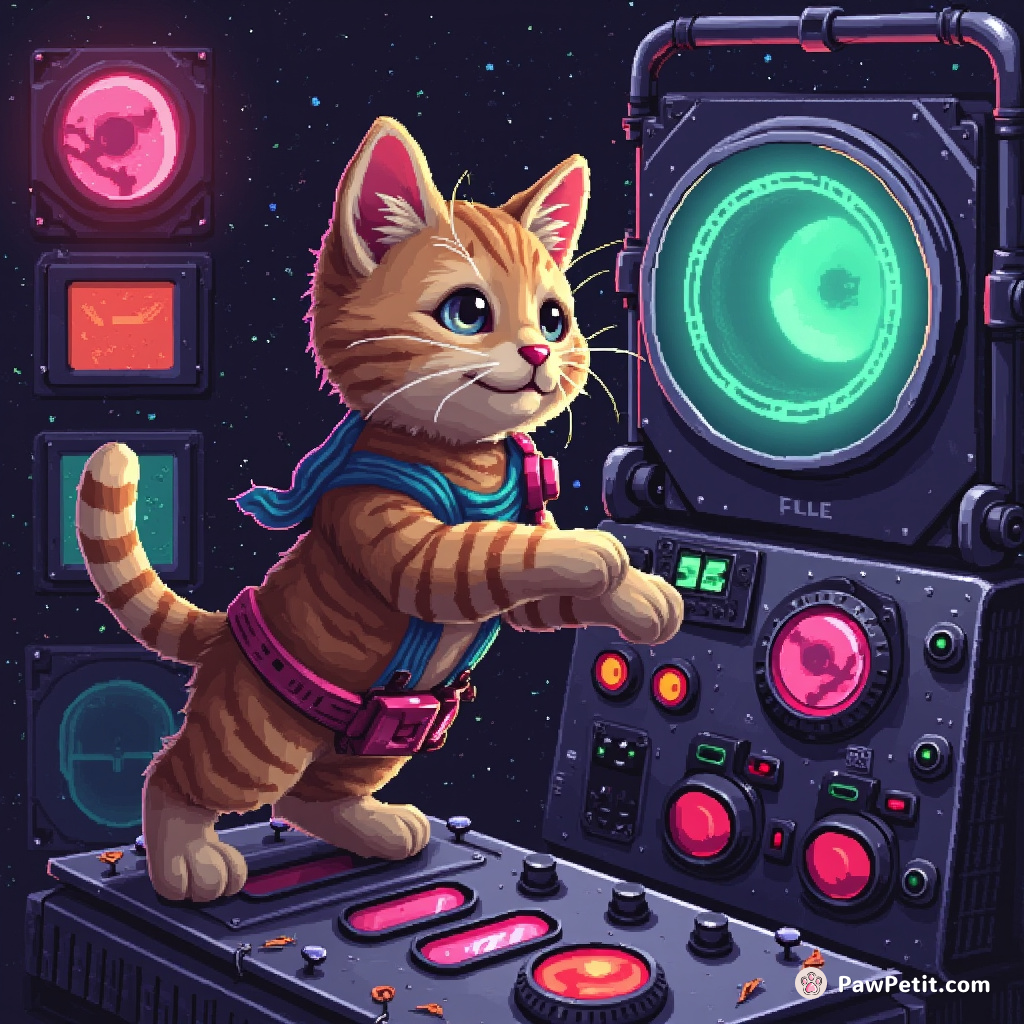 The feline gracefully leaps, landing perfectly on the control panel, purring as the alien machinery hums to life.