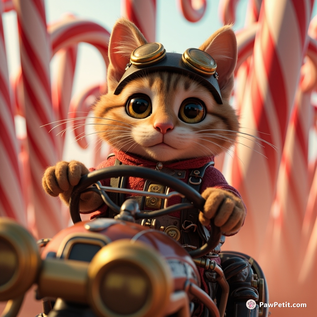 Steampunk cat piloting a giant mechanical chipmunk through candy cane forest.