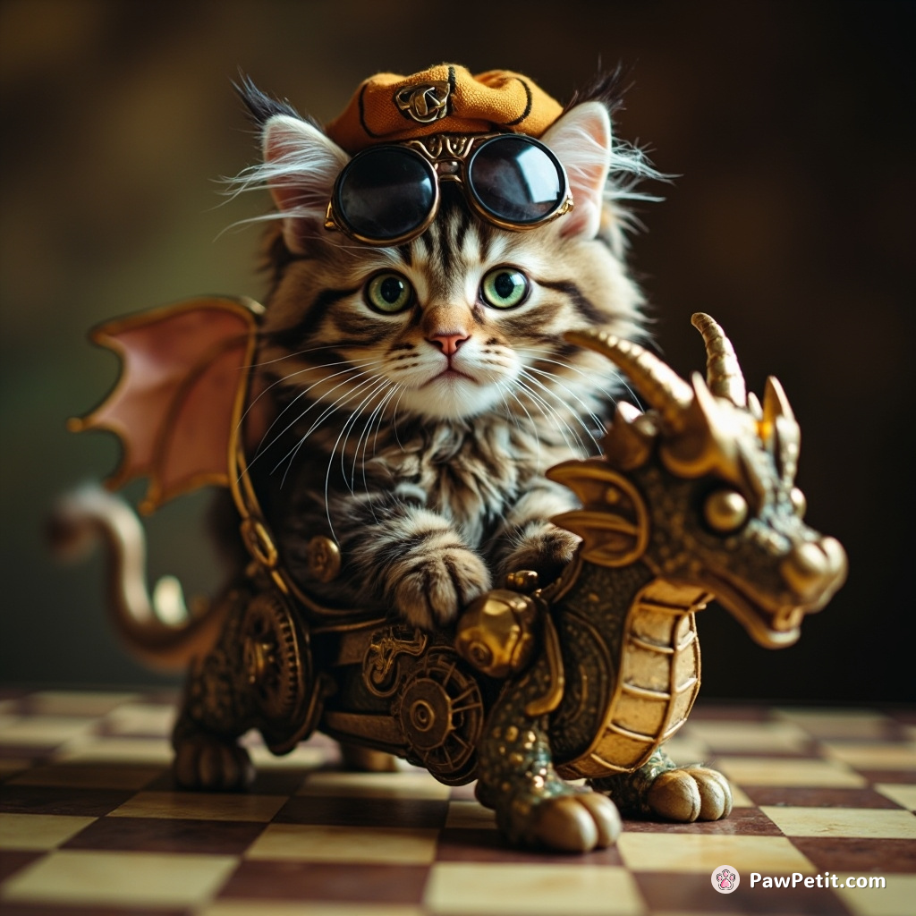 Steampunk cat piloting a clockwork dragon about to participate in an interdimensional chess match.