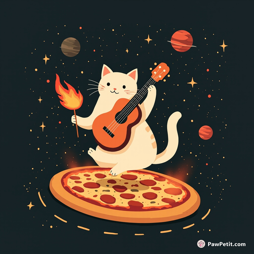Cat playing a flaming ukulele while floating in space on a pizza.