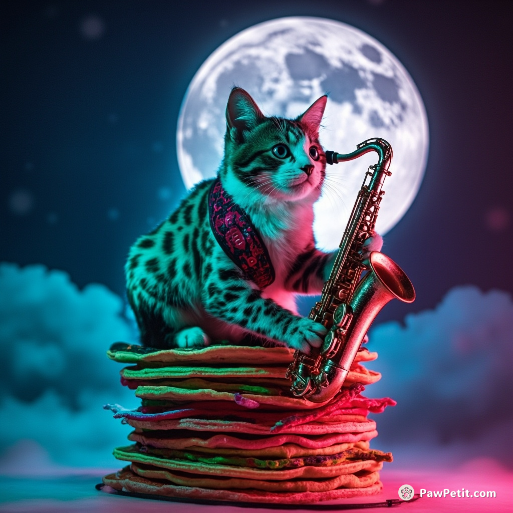 A turquoise, polka-dotted cat serenading the full moon with a sparkling saxophone atop a teetering stack of rainbow pancakes.