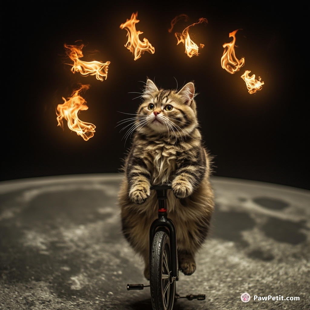 Cat juggling six flames on a unicycle zooming across the surface of the moon, looking mildly perturbed.