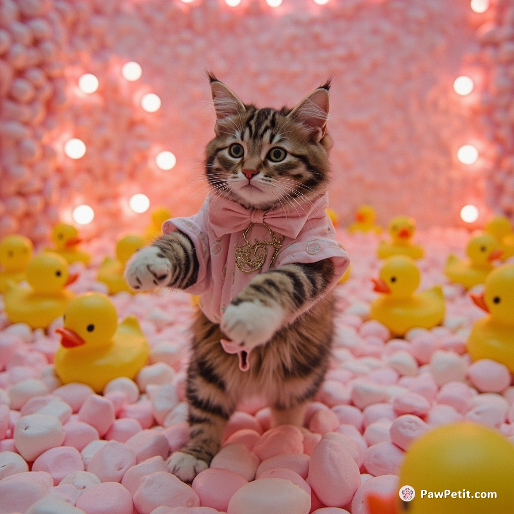 A cat jitterbugging with an army of rubber duckies in a ballroom made of marshmallows.