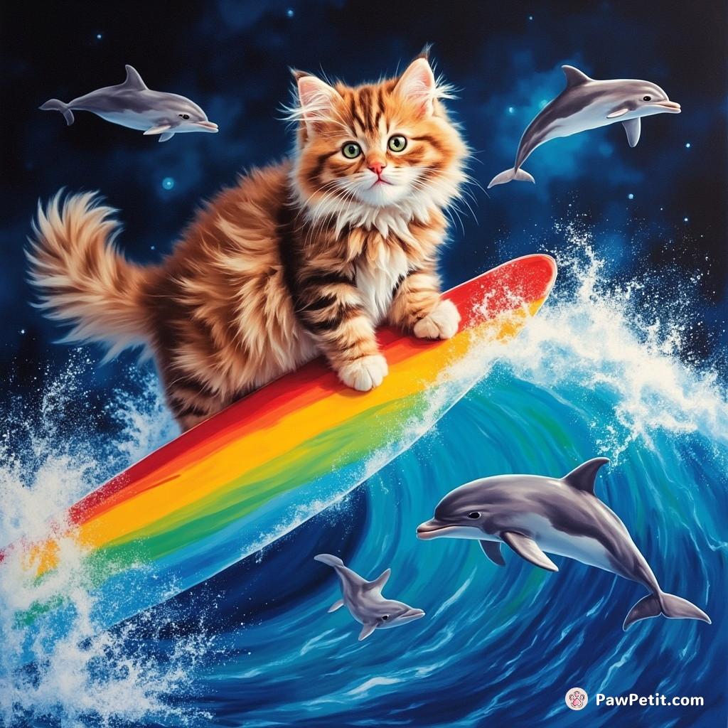 Cat surfing a rainbow wave with dolphins in outer space.