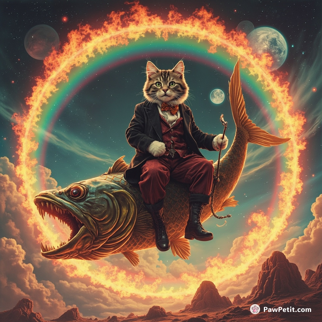 A 19th-century well-dressed aristocratic cat riding a mechanical fish through a ring of fire under a rainbow in an alien planet's moonlight.