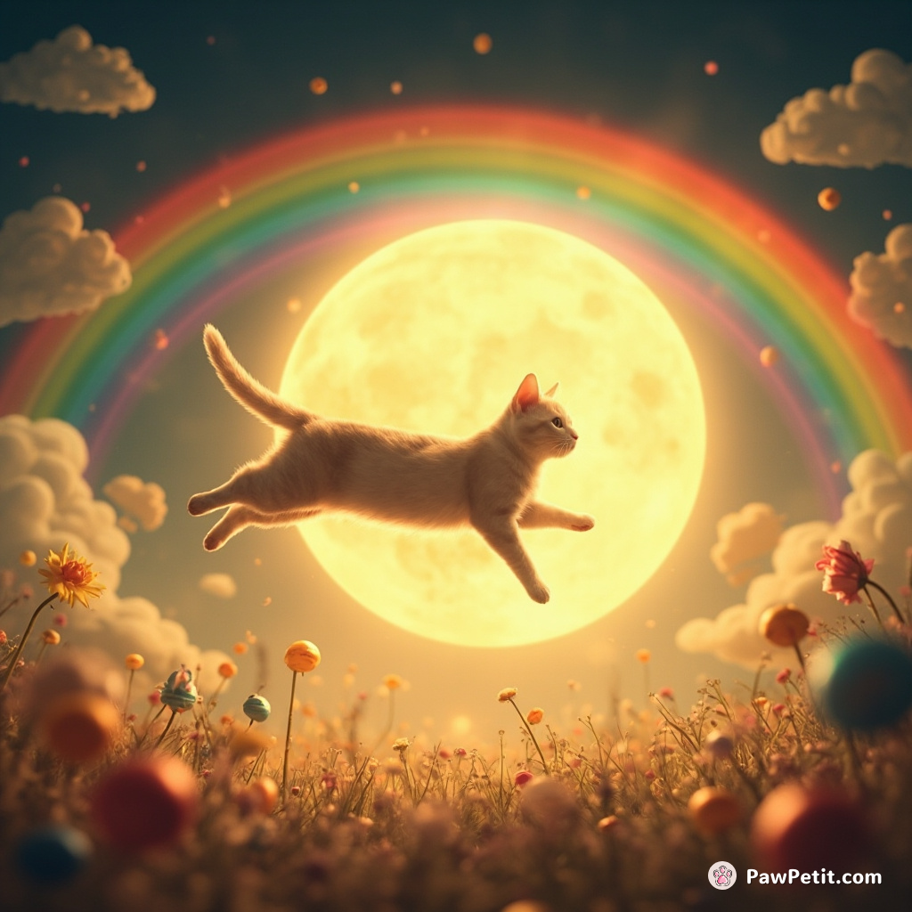 In a whimsical kingdom, a cat leaps through a rainbow to rescue the sun from a mischievous moon.