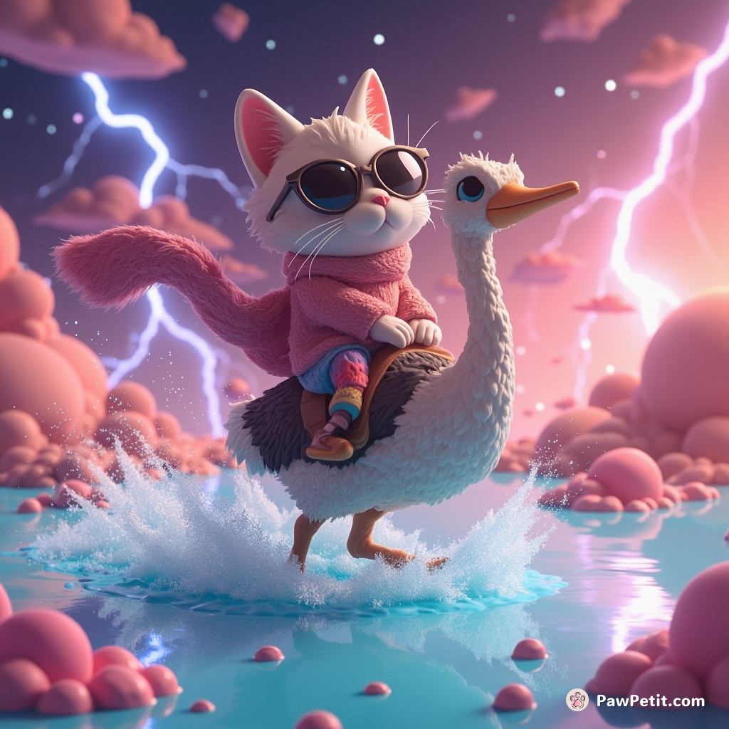 Cat riding an ostrich across a bubblegum lake on an alien planet with explosions of fairy dust, radiating stoic determination under strobe lightning.