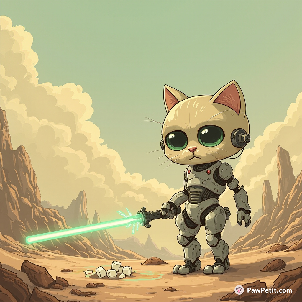 Cyborg cat cooking marshmallows on a plasma sword in post-apocalyptic wasteland.