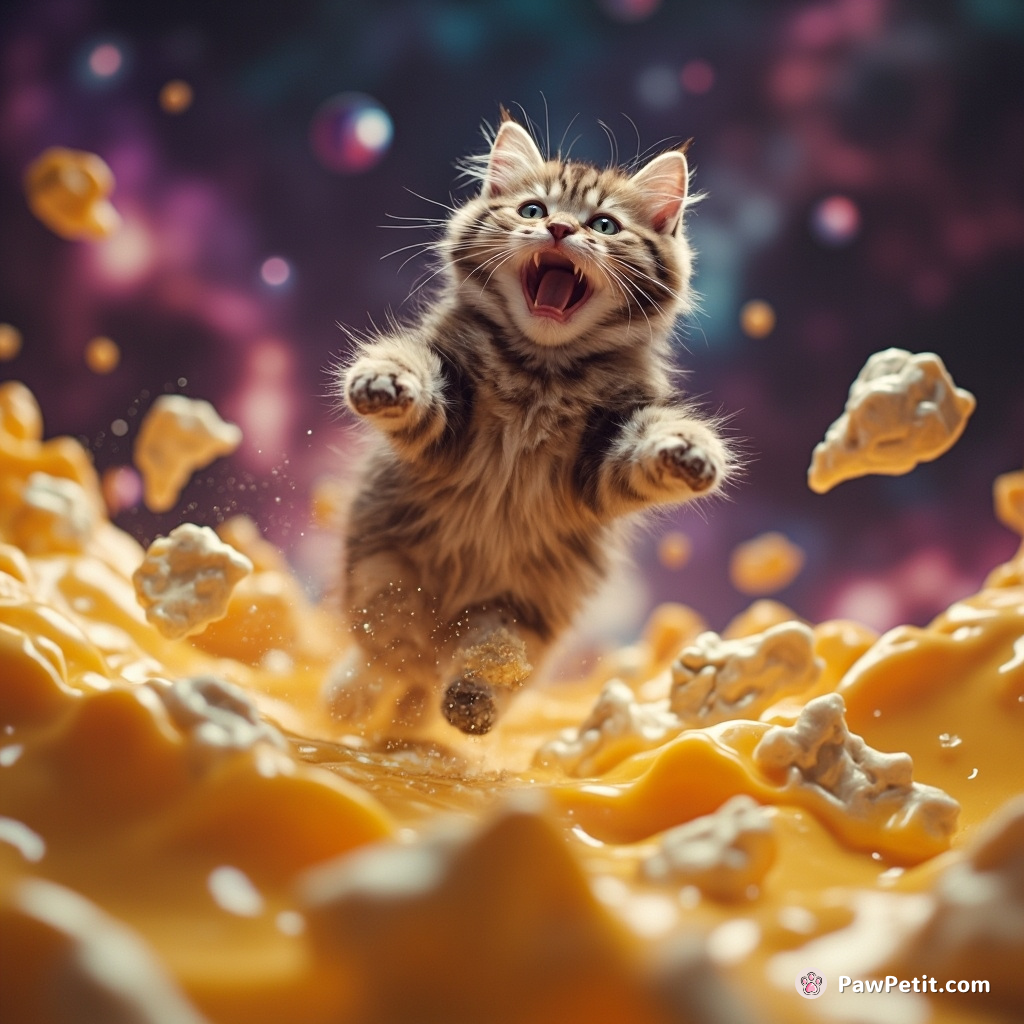 Trippy cosmic cat bouncing gleefully on rubber-course gorgonzola cheese chunks adrift in a psychedelic universe.