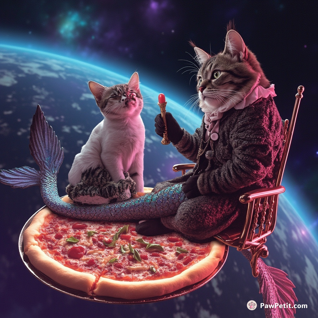Steampunk cat officiating a mermaid wedding on top of a floating pizza in outer space.