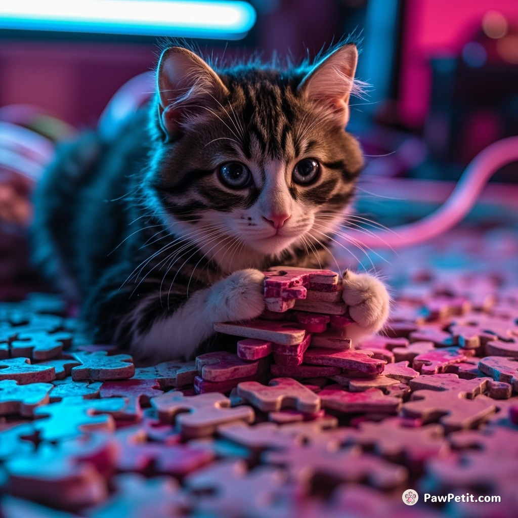 Cat carefully stacks puzzle pieces, convinced it's assembling the secrets of human happiness.
