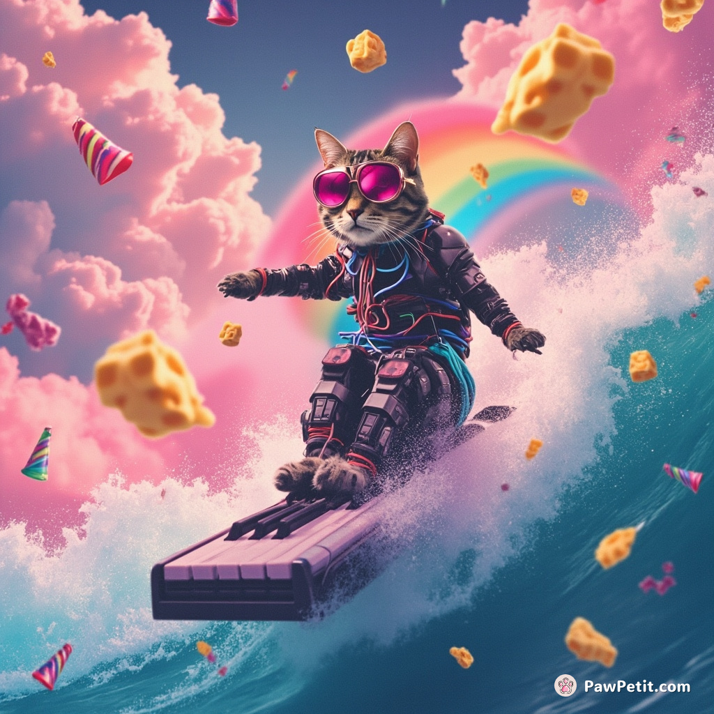 Cybernetic cat surfing on a rainbow-coloured wave of synthesizer keys, cubes of cheese float by as party hats rain from a cotton candy cloud.