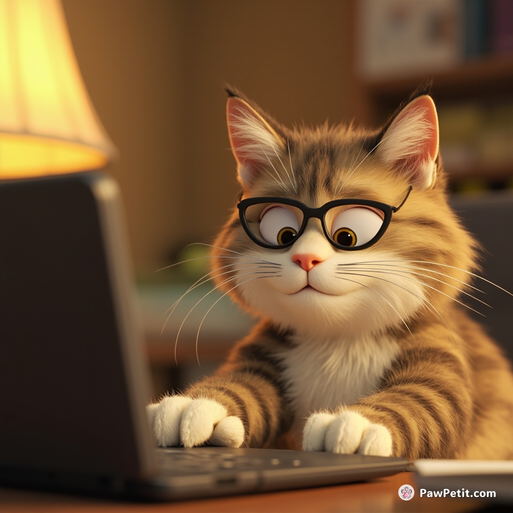 A cat diligently types on a laptop, using its paw to send emails to the "Council of Feline Affairs.