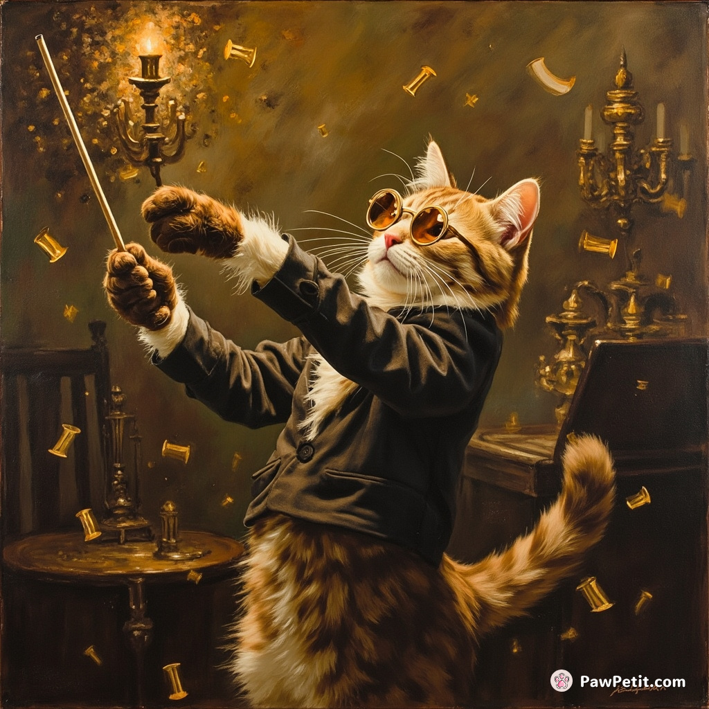 Stealing spectacles, Charlie-the-cat conducted a mew-sical orchestra, knocking off chandeliers with his frantically waving tail baton.