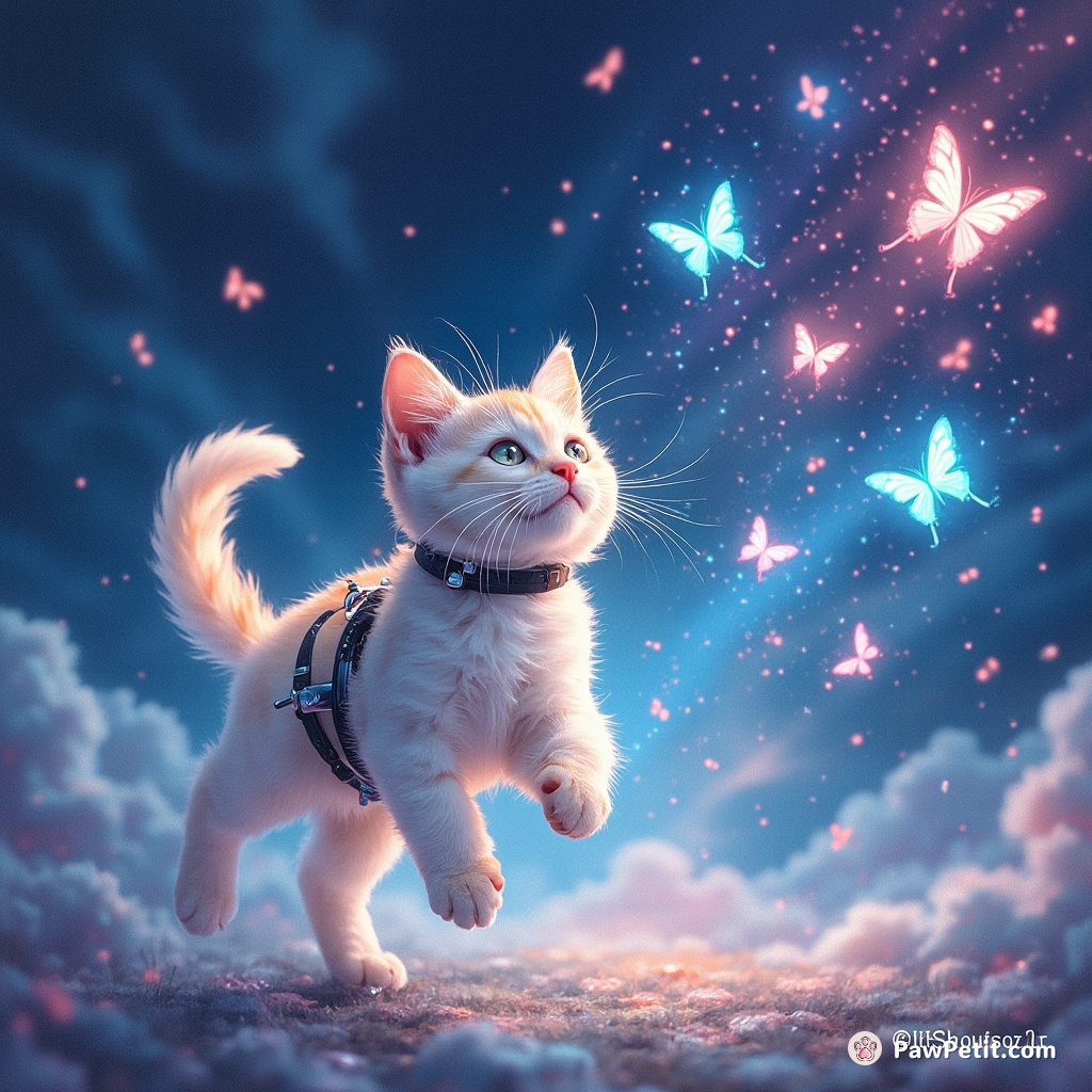 In a luminescent digital territory, Pixel, the cybernetic feline unpredictably sparks divergent patterns of code as she excitedly chases virtual butterflies.