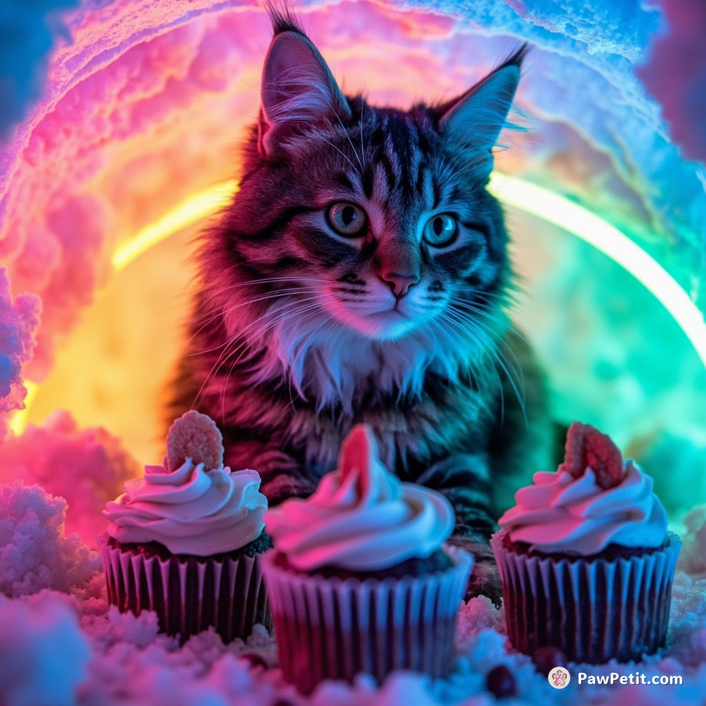 Calico cat baking neon cupcakes, inside a luminous rainbow arctic igloo.