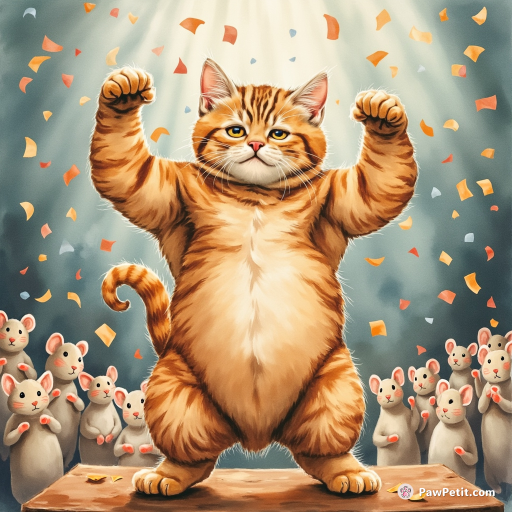 A muscular cat, flexing arms in a seriously awarded kitten bodybuilding competition with confetti raindrops amidst applause from applauding mouse audience.