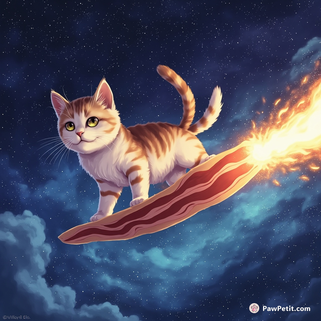 Cat surfing through the Milky Way on a slice of bacon.