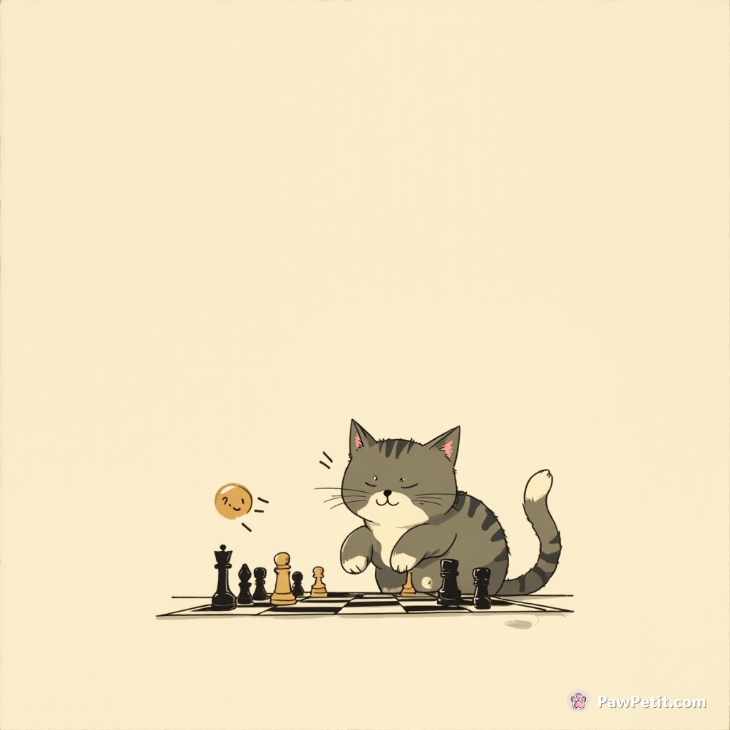 Cat insists on playing chess, mastering paw movements with dramatic flourish, believing in outsmarting all humans.