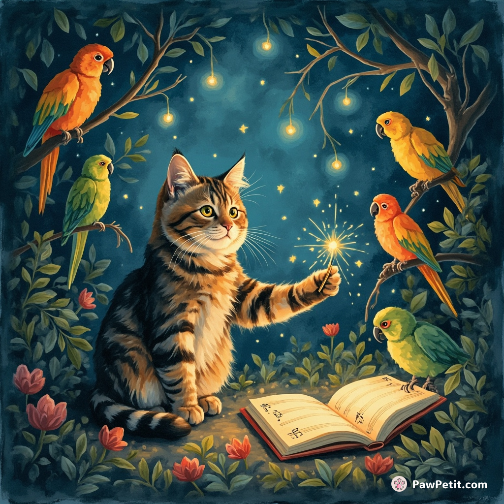A cat conducting a symphony of parrots in the middle of glowworm forest night.