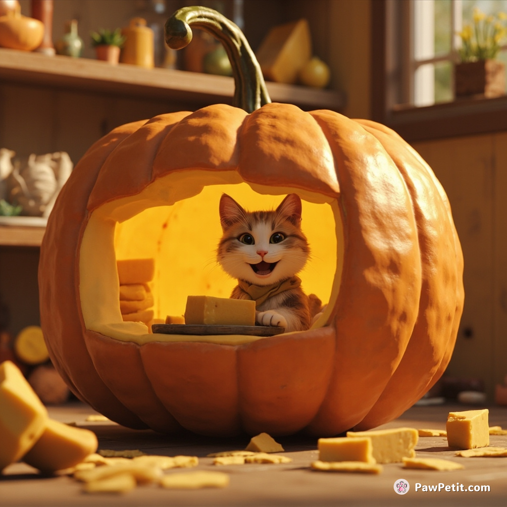 Cat operating an artisanal cheese shop within a giant pumpkin.