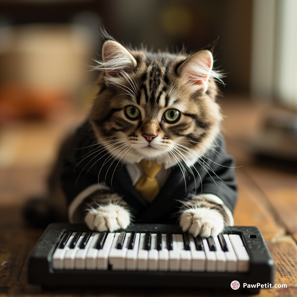 The cat, in a tiny suit, diligently taps a toy keyboard with focused, wide-eyed determination.