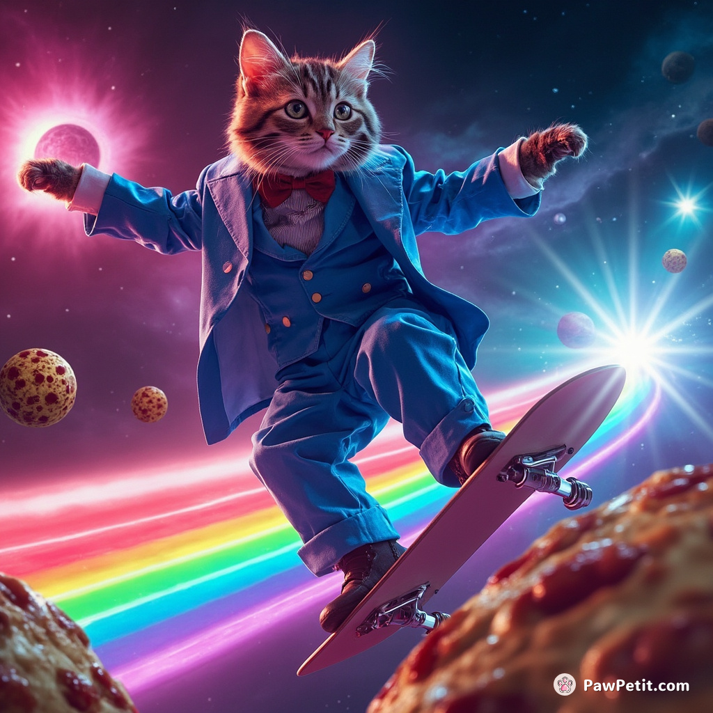 A cat surfing on a rainbow, wearing an electric blue tuxedo, with pizza planets as its audience.