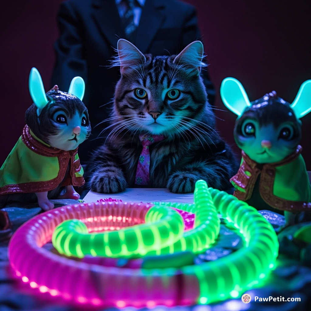 Cat president signing a peace treaty with glow-in-the-dark Martian mice at a kraken-shaped table made of gummy worms.