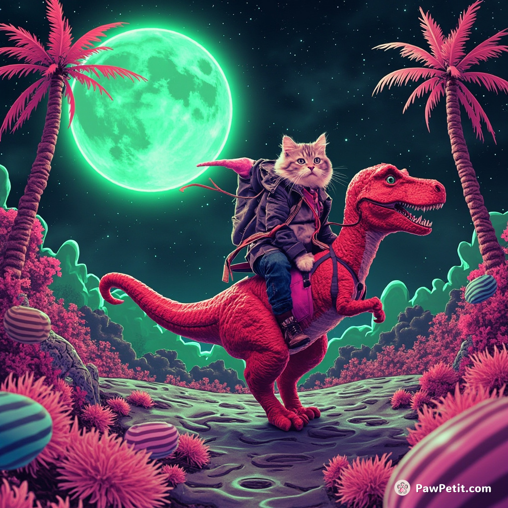 Cat riding a purple dinosaur through a mint candy forest under a neon-green T-Rex-shaped moon.