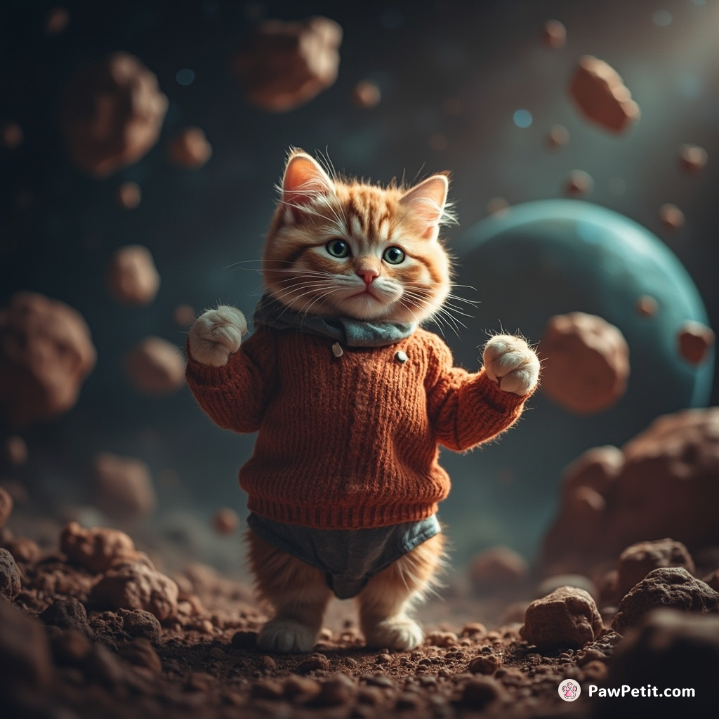 Cat bodybuilding in space, surrounded by defiant mouse-shaped asteroids.