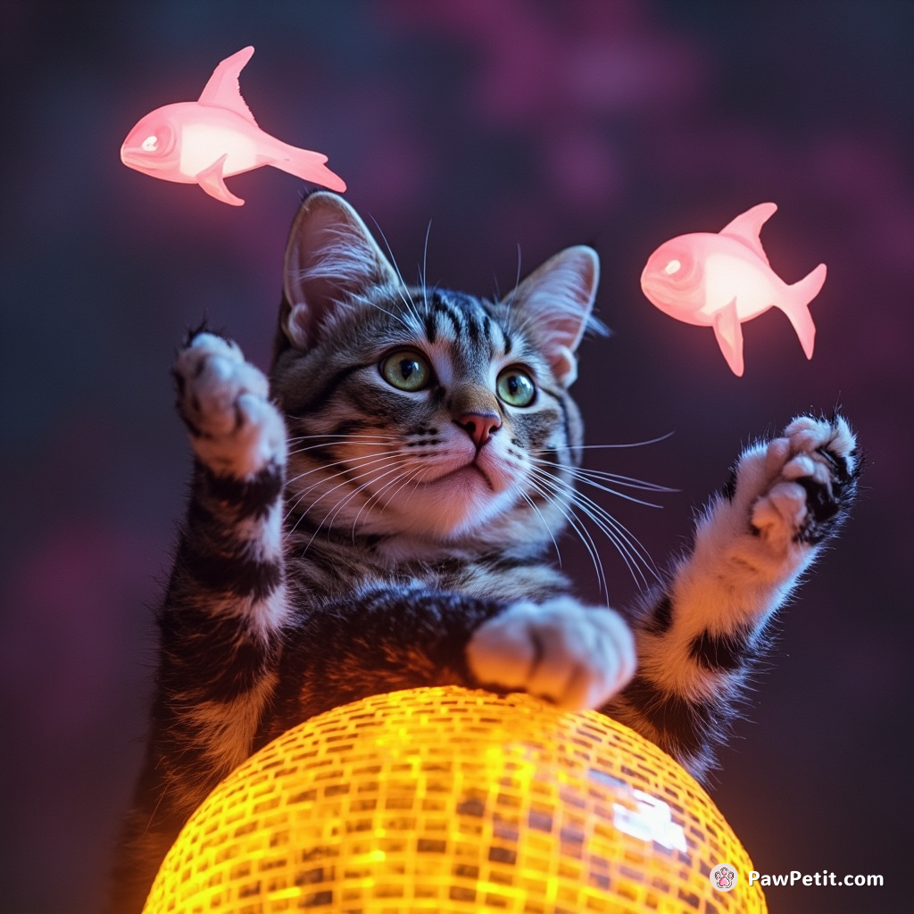 Cat juggling glowing fish-like spaceships atop a mustard-covered disco ball.