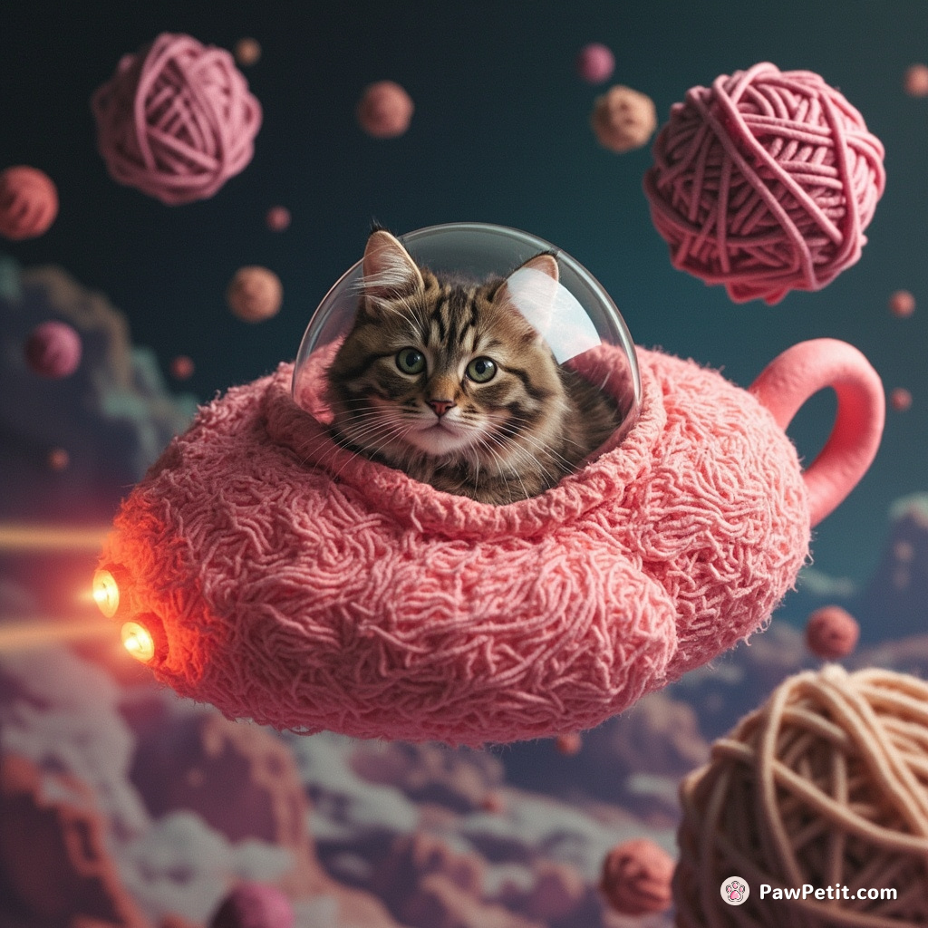 A cat piloting a flamingo-shaped spaceship navigating through an asteroid belt of yarn balls.